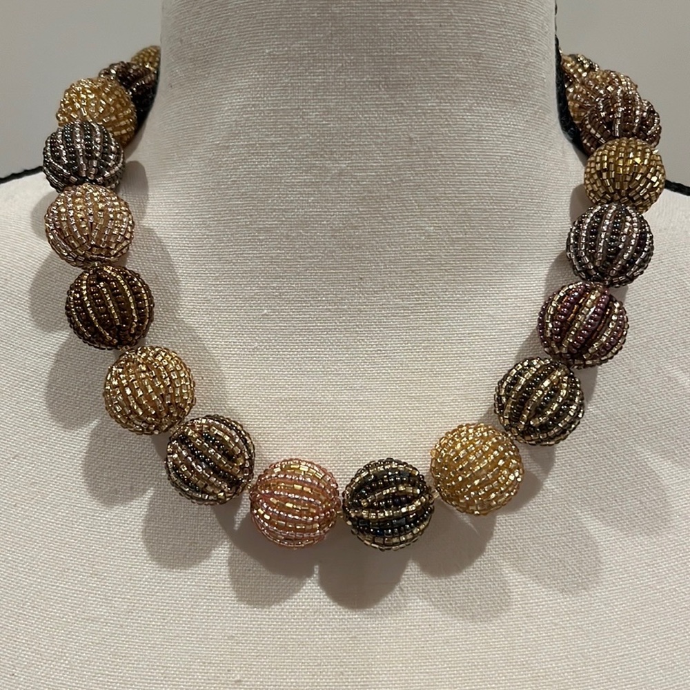 Chunky Beaded Statement Necklace Neutral Brown Beige Gold 18-21”